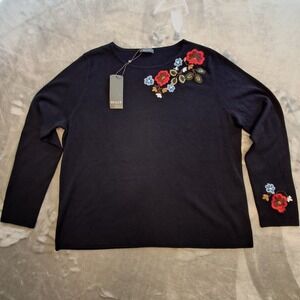 Basler Embroidered RUBY Sweater Womens US Size 14 Floral Navy Crewneck EU 44 NWT